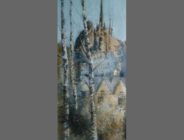 OxfordbehindBirchTreesmixedmedia70x40cm