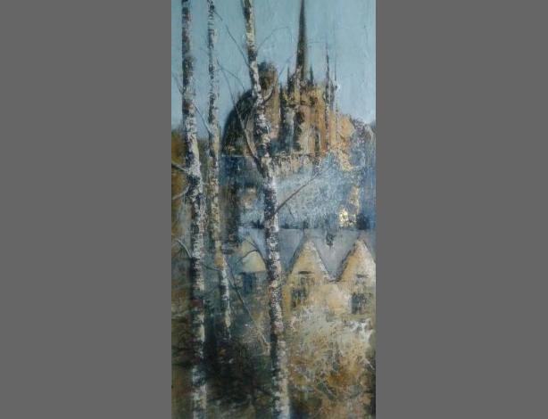 OxfordbehindBirchTreesmixedmedia70x40cm